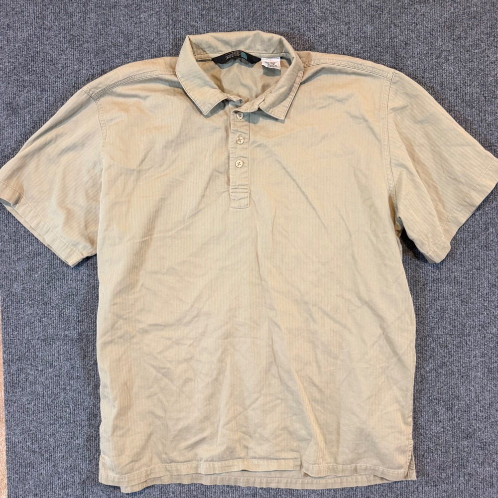 The North Face Mens M Khaki Tan Herringbone Cotton Short Sleeve Polo Shirt
